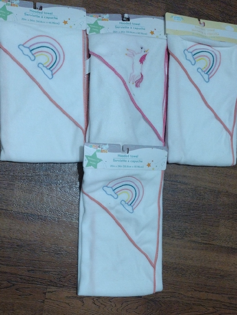 White Hooded Baby Towels 4 Pk with Rainbow & Unicorn Embroidery